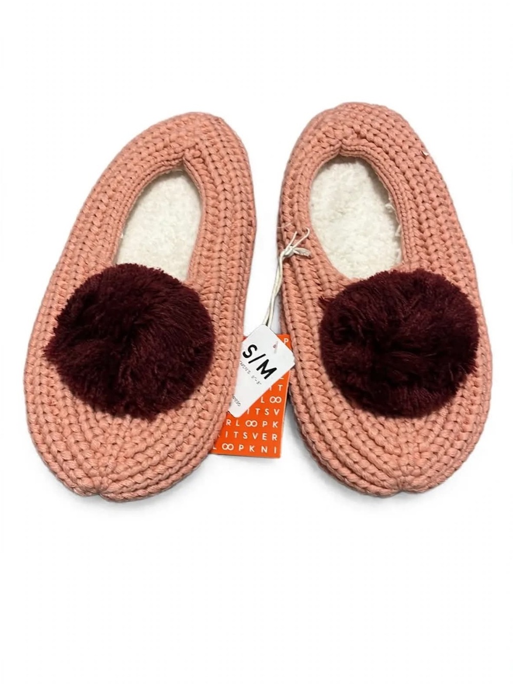 VERLOOP NWT S/M Knit Rib Slippers Pink Burgundy Pom Pom Sherpa Lined Cozy